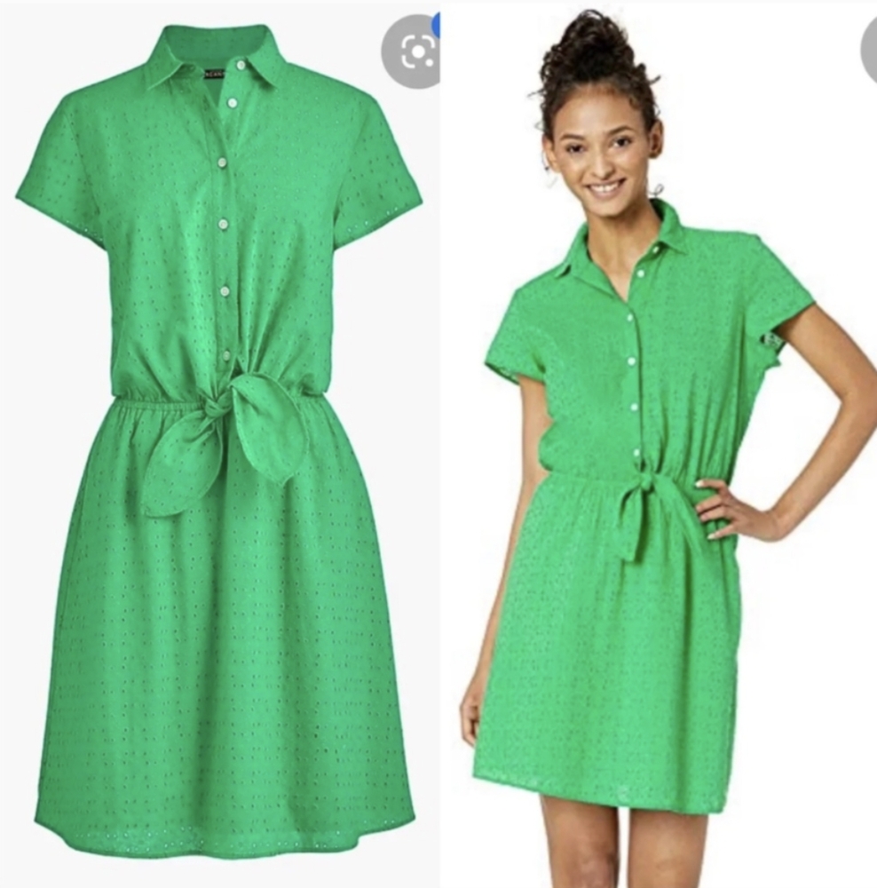 J. Crew Mercantile Medium M Green Eyelet Lace Collared Tie Front Button Up Dress